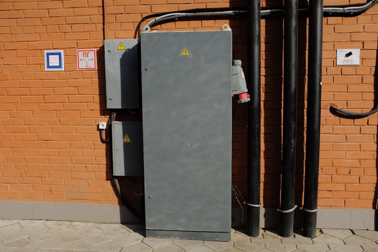 Gray electrical panel mounted on a brick wall exterior with cables and warning signs.